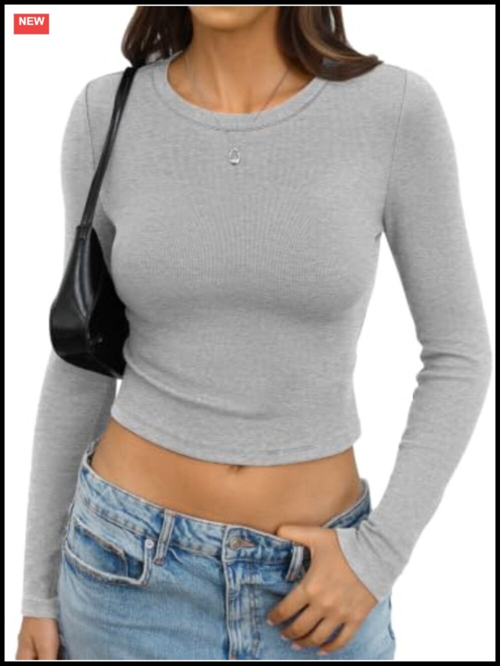 Womens Cotton Ribbed Long Sleeve Fitted Crop Top Crew Neck Tee